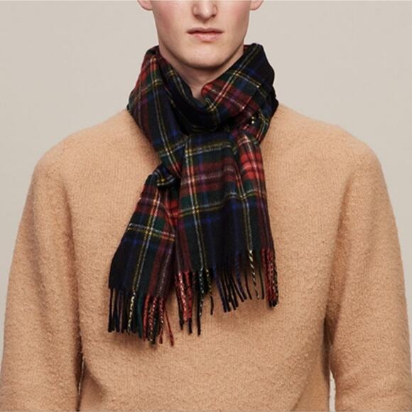 Joshua Ellis tartan 100% cashmere scarf in new green/scarlet red/blue - Picture 2 of 8